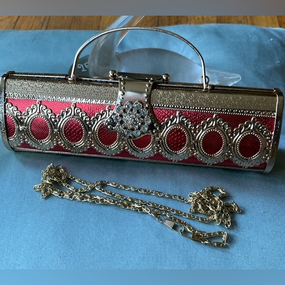 New handheld cylinder shape metal red embellished clutch  bag